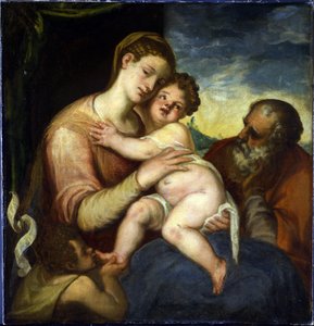 Den hellige familie med døperen Johannes par Schiavone, Andrea (ca. 1520-1582). Olje på lerret, størrelse: 98x93, , Praha slott av Andrea Schiavone