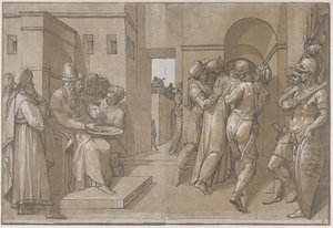 Kristus blir ført bort, soldater står på høyre side av arket, 1585. av Andrea Andreani