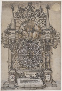 Triumph of Death med tre skjebner i en arkitektonisk ramme over et lykkehjuls flanke..., 1588. av Andrea Andreani