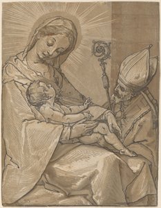 Madonna og barn med en biskop av Andrea Andreani after Alessandro Casolani