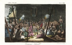 Hindu brahmin ekteskapsseremoni eller Bibaha holdt i konas hus. Håndfarget kobberplate tegnet og gravert av Andrea Bernieri etter Francois Solvyns fra Giulio Ferrario