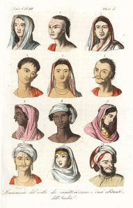 Portretter av forskjellige indiske kaster: Brahmins 1.2, Kshatriyas eller Khatri, Punjabi merkantil kaste 3.4, Vaisyas 5.6, Sudras 7.8, Hinduer fra Øvre India 9,10 og Mughals 11,12. Håndkolorert kobberstikk av Andrea Bernieri etter François Solvyns fro av Andrea Bernieri