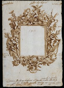 Ortogonal tegning for allegorisk ramme, ca 1700, av Andrea Brustolon (1662-1732), akvarellpenn på hvitt papir, Italia av Andrea Brustolon