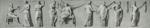 Et grisaille-panel som viser en kvinnelig prosesjon med tårer