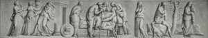 Et grisaille-panel som skildrer åstedet for Meleagers død
