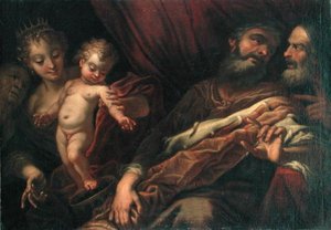 Spedbarnet Moses står på faraos krone (olje på lerret)
