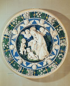 Tilbedelse av jomfruen med døperen Johannes og to kjeruber (polykrom glasert terrakotta)