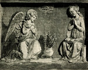 Bebudelse, av Andrea Della Robbia (1435-1525 eller 1528), oratorium for Madonna del Buon Consiglio, Prato, Toscana, Italia, tresnitt fra Le cento citta d