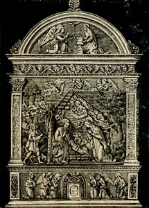 Fødsel, altertavle i terrakotta av Andrea della Robbia, fra kirken Saint Clare, Civic Museum of Sansepolcro, Toscana, Italia, tresnitt fra Le cento citta d'Italia (Hundre italienske byer), illustrert månedlig tillegg av Il Secolo, Milano av Andrea Della Robbia