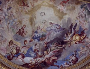 Coronation of Virgin, freskomaleri malt i 1699 av Andrea Lanzani (1641-1712) fra koret til Sanctuary Of Incoronata, Lodi. Italia av Andrea Lanzani