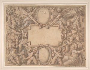 En kartusj og to skjold omgitt av allegoriske figurer., 1570-1631. av Andrea Lilli