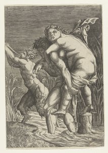 Mannen bærer kvinne på ryggen og en satyr