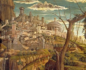 Agony in Garden av Andrea Mantegna (1431-1506), tempera på tre, 71x94 cm, detaljvisning av Jerusalem av Andrea Mantegna