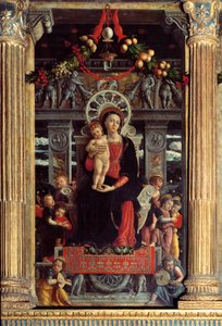Altertavle av san Zeno: sentralpanel "" Madonna et barn med ni engler"" Maleri av Andrea Mantegna (1431-1506) 1457-1459 Verone, Basilica di San Zeno, Italia av Andrea Mantegna