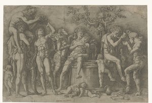 Bacchanal med satyrer og bacchanter på vinpresse av Andrea Mantegna