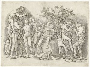Bacchanal med satyrer og bacchanter ved vinpresse av Andrea Mantegna
