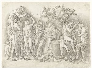 Bacchanal med satyrer og bacchanter på vinpresse av Andrea Mantegna