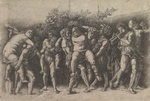 Bacchanal with Silenus, en frisekomposisjon med ti figurer rundt Silenus som er..., tidlig på 1470-tallet. av Andrea Mantegna