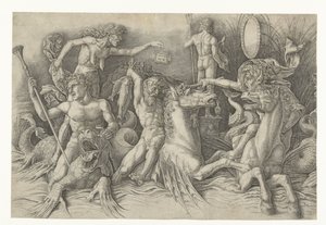 Battle of the Sea Gods, med Envy (Invidia) til venstre Kamp mellom satyrer som rir på hippocampi og gammel kvinne som personifisering av misunnelse som står på ryggen av dragen Slaget ved havgudene av Andrea Mantegna