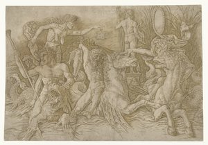 Kamp mellom satyrer som rir på hippocampi og gammel kvinne som personifisering av misunnelse som står på drageryggen Kampen mellom havgudene av Andrea Mantegna
