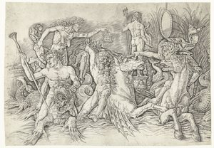 Kamp mellom satyrer som rir på hippocampi og gammel kvinne som personifisering av misunnelse som står på ryggen av dragen Slaget ved havgudene av Andrea Mantegna