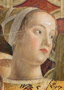 Hodet til en kvinne, detalj om markis Ludovico III Gonzaga og hans domstol i Camera degli Sposi, ca. 1465-75 (detalj av 166336)