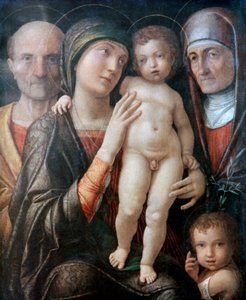 Hellig familie med St. Elizabeth og St. Johannes døperen som barn, c1495-1500 av Andrea Mantegna