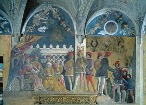 Marchese Ludovico Gonzaga III, hans kone Barbara av Brandenburg, deres barn, hoffmenn og deres hund Rubino, fra Camera degli Sposi eller Camera Picta, 1465-74 av Andrea Mantegna