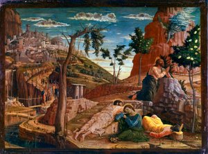 Bønn i Oljehagen Etter det siste måltid går Kristus til Getsemani-høyden, som dominerer Jerusalem sammen med apostlene. Romerske soldater nærmer seg for å stoppe ham. Altertavle av San Zeno de Verona. Maleri (tempera) på tre av Andrea Man av Andrea Mantegna