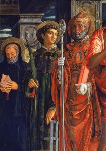 San Zeno-alteret. Detalj av høyre side. 1457-1460. Detaljen viser Augustine av Hippo, Lawrence av Roma og Benedikt av Nursia av Andrea Mantegna