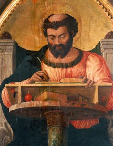St Luke ved skrivebordet hans, detalj fra altertavle av St Luke av Andrea Mantegna (1431-1506), tempera på tre av Andrea Mantegna
