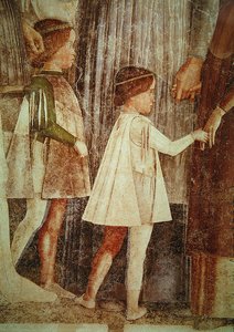 Ankomsten til kardinal Francesco Gonzaga, møtt av faren Marchese Ludovico Gonzaga III og hans brødre, detalj om Gonzague-barna, ca. 1465-74 (detalj av 78454) av Andrea Mantegna