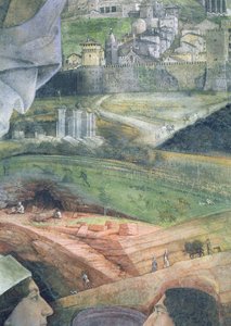 Ankomsten til kardinal Francesco Gonzaga; marmorbrudd og en idealisert utsikt over Roma, fra Camera degli Sposi eller Camera Picta, 1465-74 freskomaleri fra 78449 av Andrea Mantegna