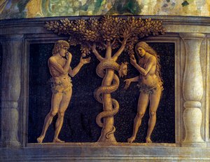 Jomfruen og barnet omgitt av seks hellige og tilbedt av markisen av Mantua, Francois II de Gonzaga (Francesco II Gonzaga) (1466-1519) kjent som Seierens jomfru"" (Pala della Vittoria) (Madonna della Vittoria)" Detalj som representerer temptaen av Andrea Mantegna