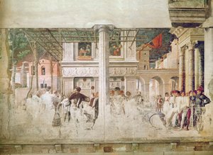 Saint Christophers martyrdød og flyttingen av kroppen hans (før restaurering), ca. 1450-56 av Andrea Mantegna