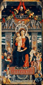 Jomfru tronet, detalj fra den sentrale delen av San Zeno-altertavlen av Andrea Mantegna (1431-1506), tre, 220x115 cm, Basilica of San Zeno, Verona av Andrea Mantegna