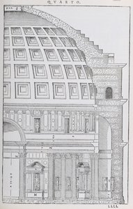 Tverrsnitt av Pantheon, illustrasjon fra en faksimilekopi av 'I Quattro Libri dell'Architettura' skrevet av Palladio, opprinnelig utgitt 1570