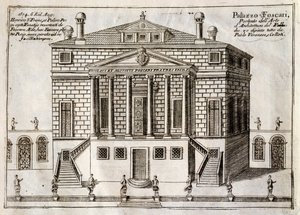 Hovedfasaden til Villa Foscari kjent som La Malcontenta, Mira, designet av Andrea Palladio (1508-1580), gravering fra Along Brenta Canal, nesten bydel i byen Venezia, av Vincenzo Coronelli (1650-1718), Venezia