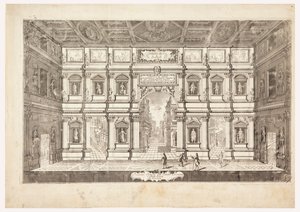 Interiørprospekt for Teatro Olimpico i byen Vicenza (Utsikt over scenen til Teatro Olimpico på Vicenza)