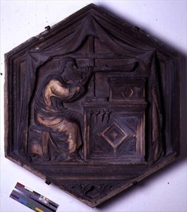 Musikk, sekskantet dekorativ relieffflis fra en serie som viser de syv liberale kunstene, muligens basert på design av Giotto (ca. 1266-1337) ca. 1334-48 (marmor) av Andrea Pisano