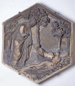 The Creation of Eve, sekskantet dekorativ relieffsflis fra en serie som illustrerer episoder fra Genesis, muligens basert på design av Giotto (ca. 1266-1337) ca. 1334-48 (marmor)