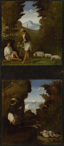 Scener fra Tebaldeos Eclogues. Thyrsis finner kroppen til Damon, ca. 1510 av Andrea Previtali