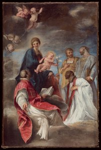 Madonnaen og barnet med de hellige Ignatius av Loyola, Francis Xavier, Cosmas og Damian av Andrea Sacchi