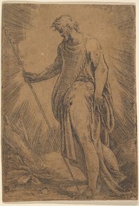 En apostel som holder en stav vendt mot venstre, ca. 1540-60.