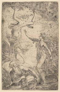 Apollo til høyre holder en bue som jager Daphne til venstre, ca. 1538-40. av Andrea Schiavone