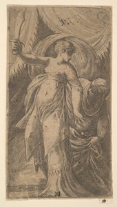Judith med sverdet hevet i høyre hånd og plasserte hodet til Holofernes i..., ca. 1540-45.