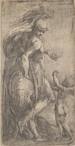 Mars står til venstre og lener seg på et skjold, Amor til høyre, ca. 1542-46. av Andrea Schiavone