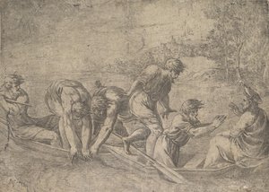 Det mirakuløse utkastet til fiskene, Kristus til høyre akkompagnert av apostler i..., ca.1548-52. av Andrea Schiavone