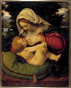 Jomfruen med grønn pute-maleri av Andrea Solario (1460-1522) Søn fra 1400-tallet. 0,59x0,47 m
