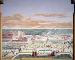 Perspektivtegning av en villa og imaginær hage, freskomaleri av Andrea Urbani (1711-1798) ved Villa Pisani, Stra, Veneto. Italia av Andrea Urbani